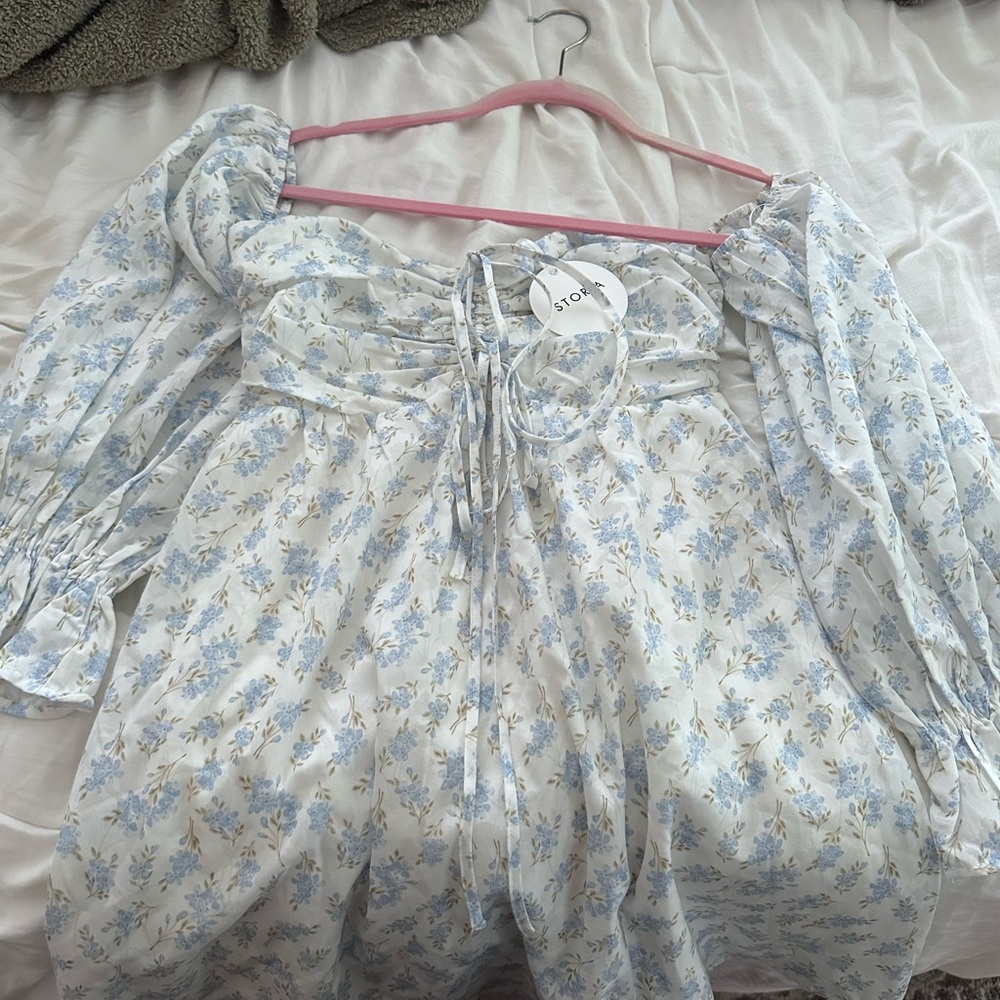 Storia Blue and white off the shoulder baby doll dress